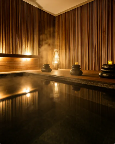 Warm spa interior with wooden slatted walls